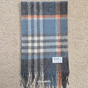 NWOT Edinburgh Lambswool Scarf Plaid Blue, Grey, and Orange Wool